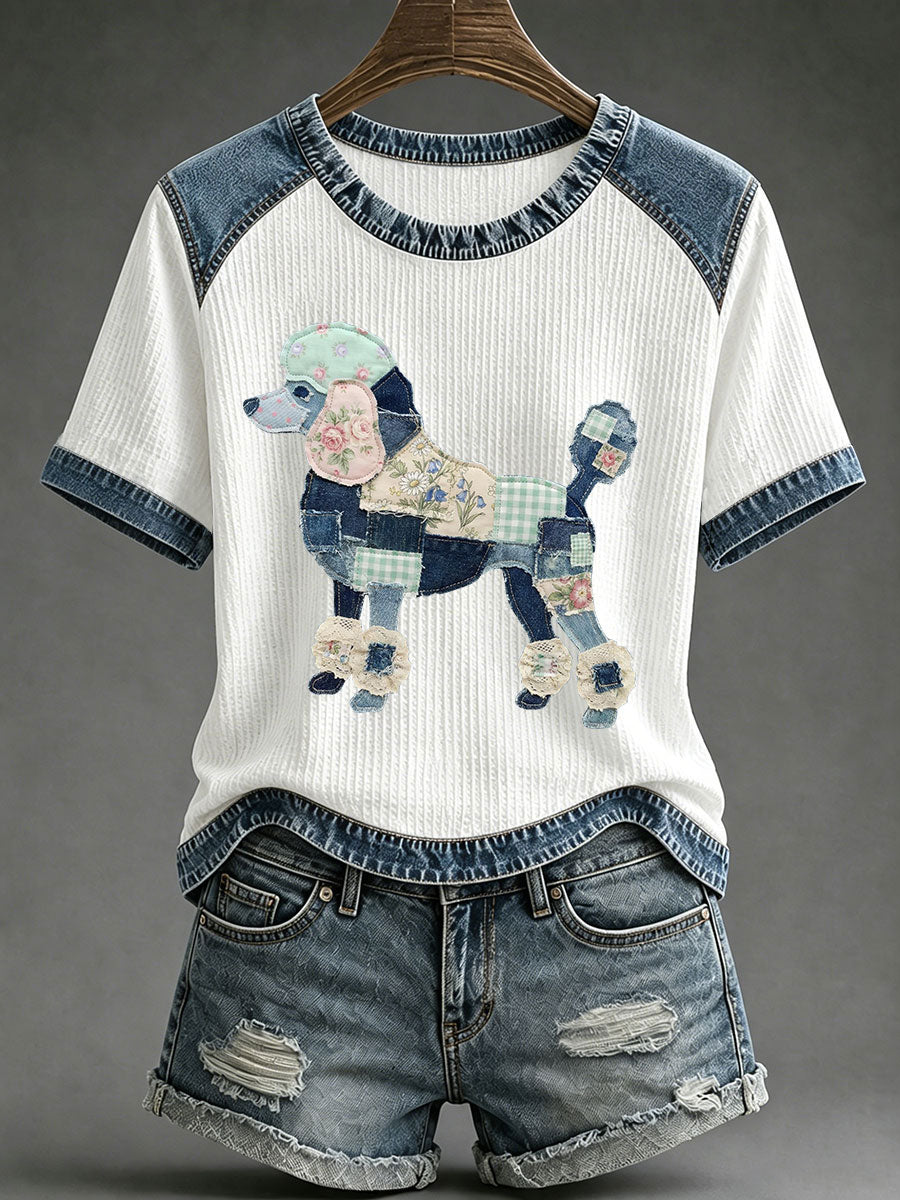 Women's Floral Plaid Denim Dog Art Waffle Print Casual T-Shirt