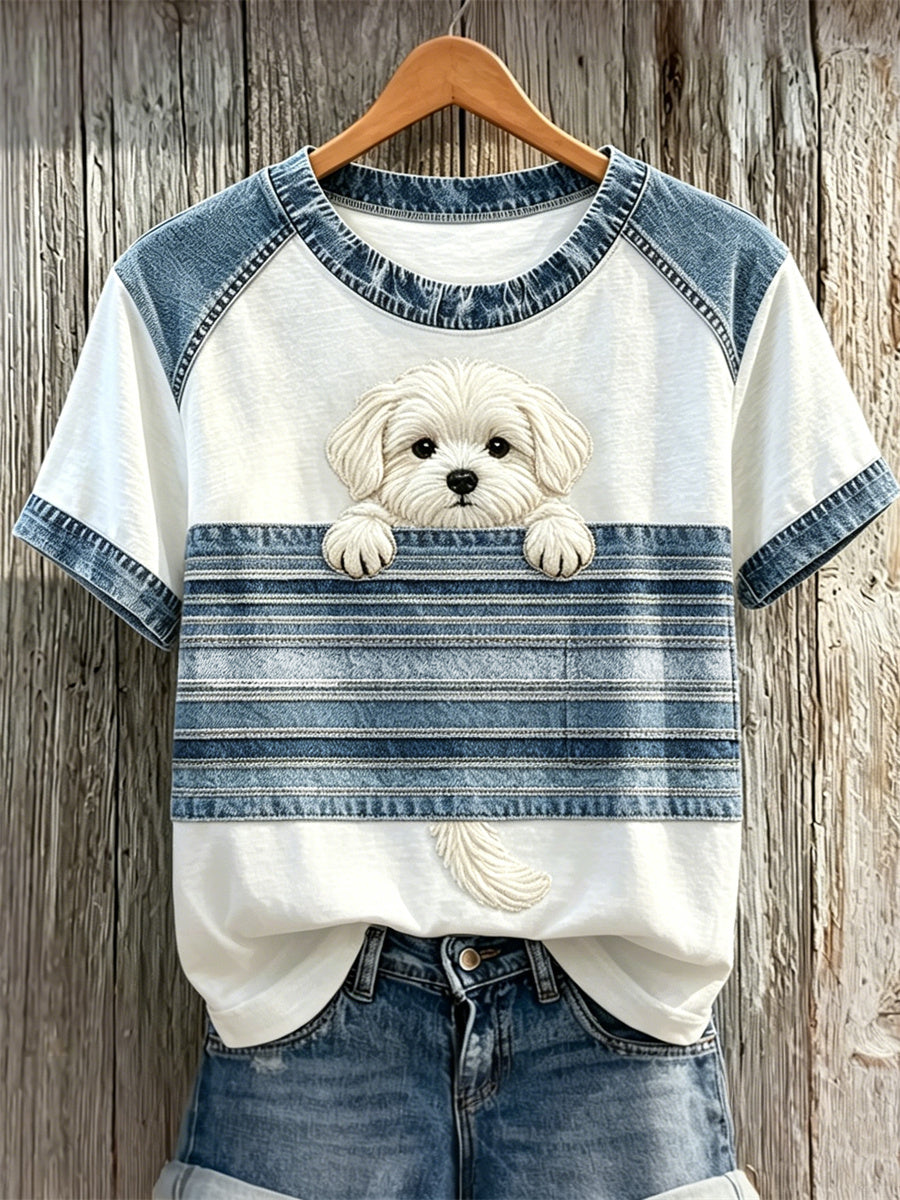 Women's Peeking Maltese Dog Denim Patchwork Print T-shirts