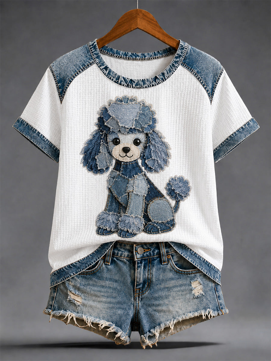 Women's Denim Patchwork Dog Print Waffle Casual Tee