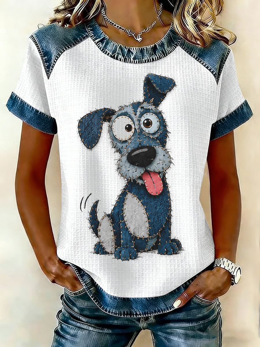 Women's Denim Patchwork Dog Print Waffle Casual Tee