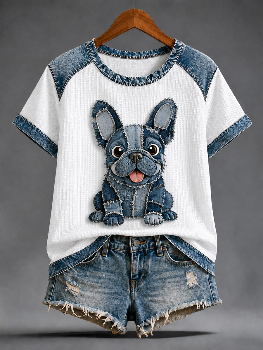 Women's Denim Patchwork Dog Print Waffle Casual Tee