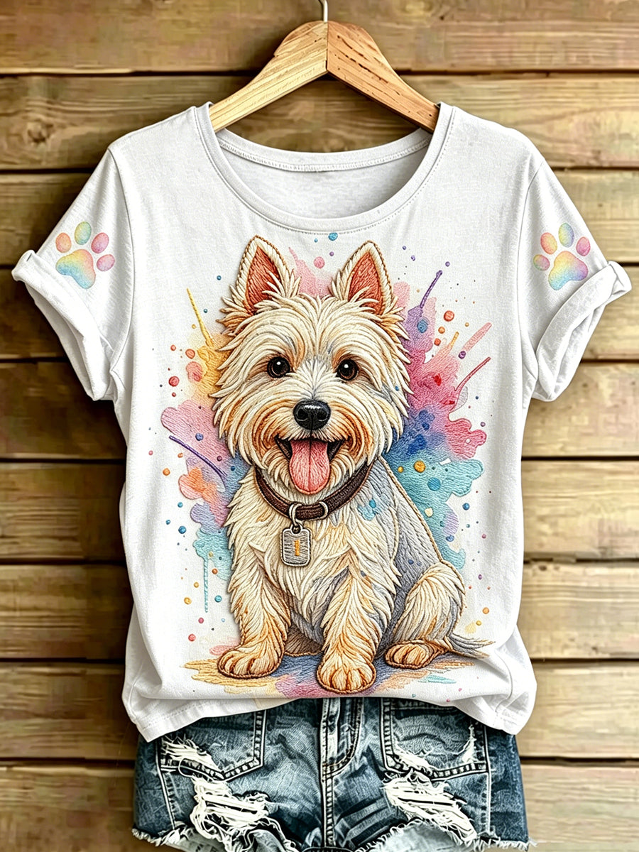 Women's Animal Dog Printed Vintage Fashion Loose Short Sleeve T-Shirt