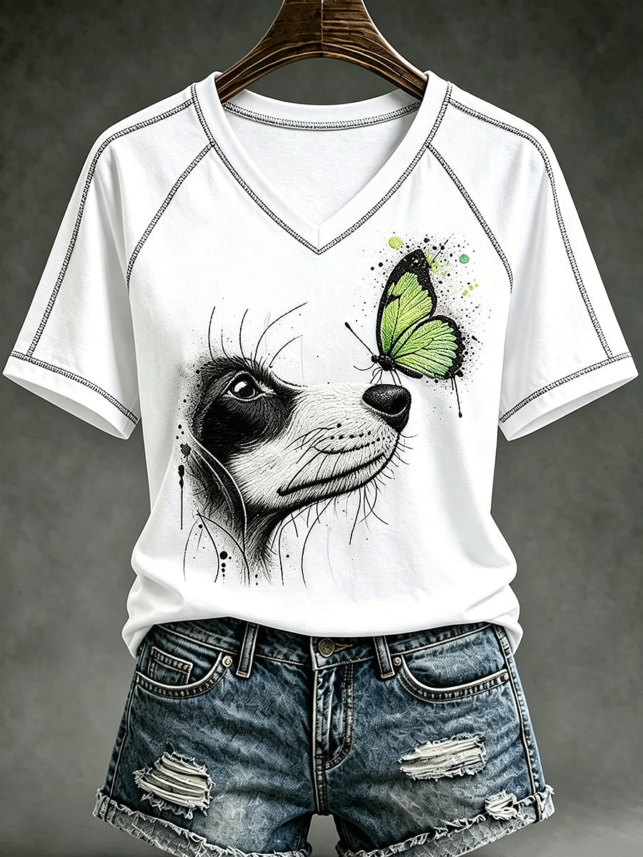Women's Animal Dog Printed Vintage Fashion Loose Short Sleeve T-Shirt