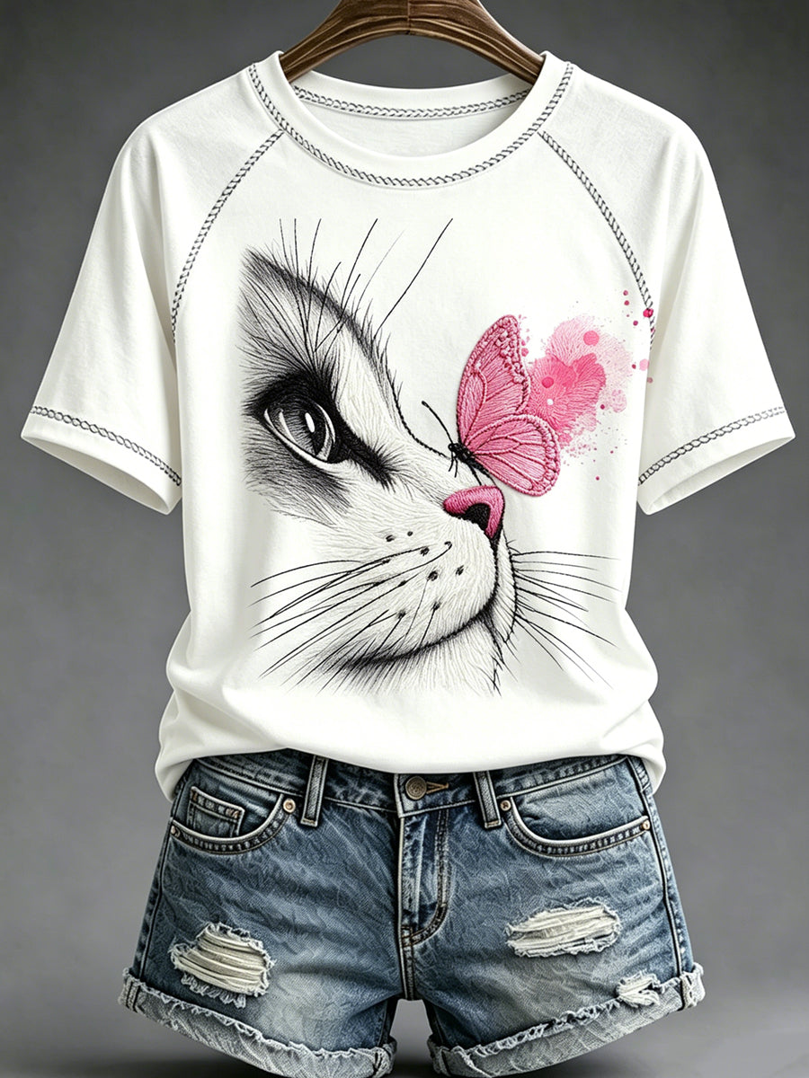 Women's Animal Cat Printed Vintage Fashion Loose Short Sleeve T-Shirt