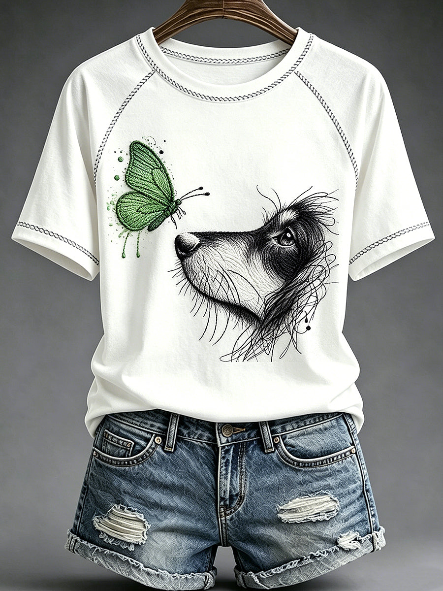 Women's Animal Dog Printed Vintage Fashion Loose Short Sleeve T-Shirt