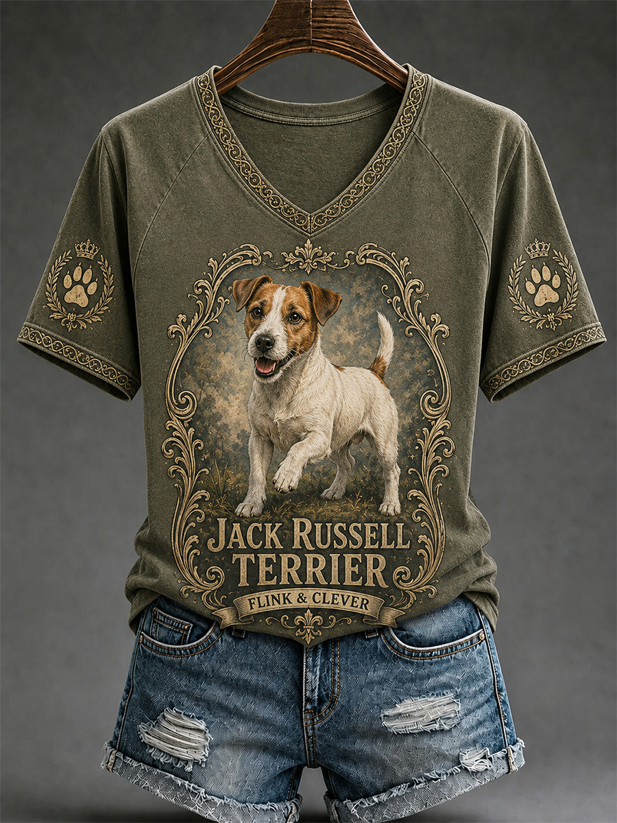 Women's Retro Dog Print Casual V-Neck Tee