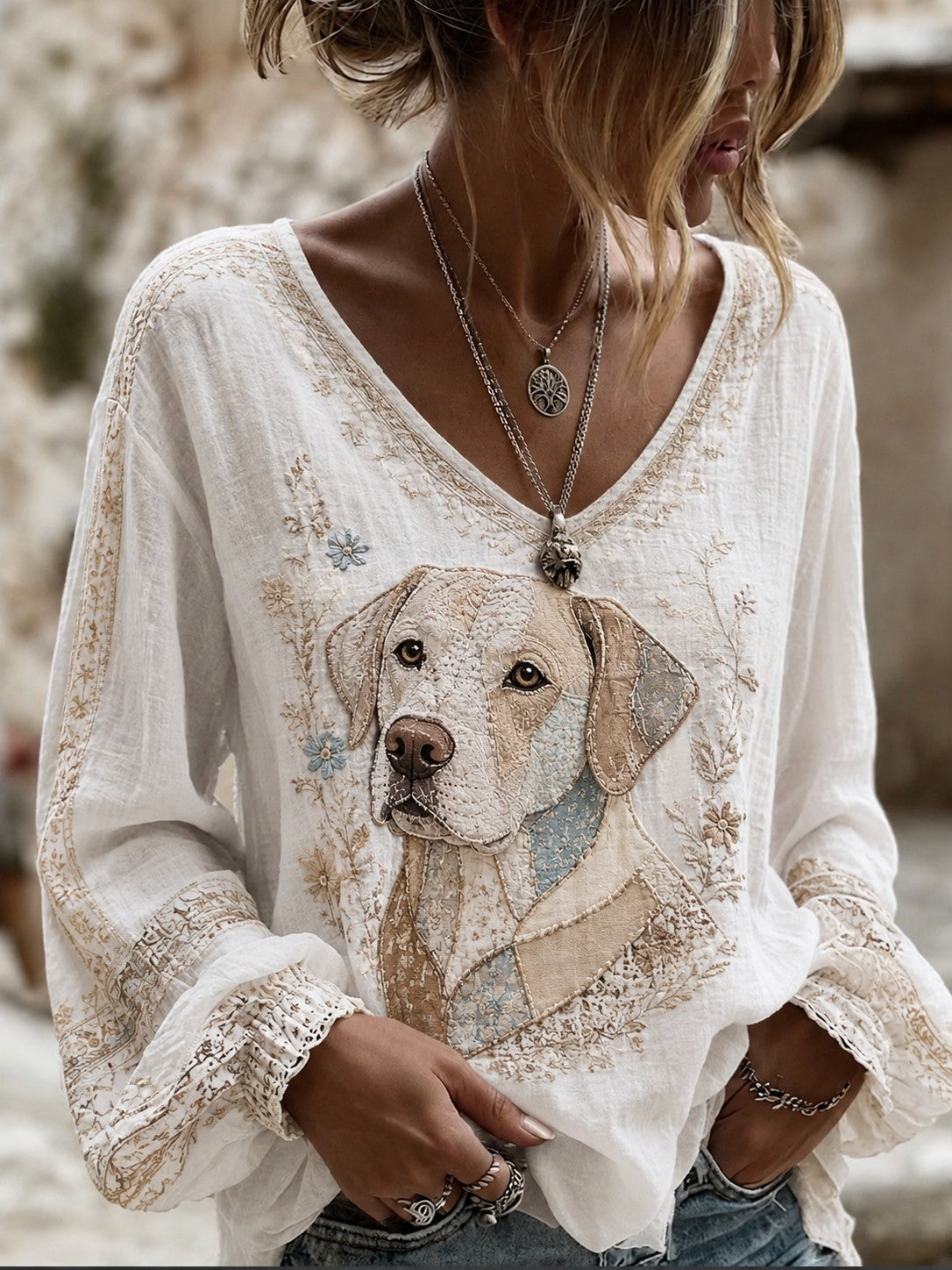 Women's Art Dog Printed Cotton-Linen Shirt