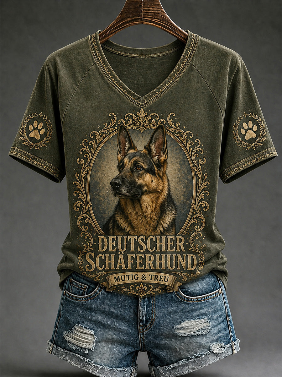 Women's Retro Dog Print Casual V-Neck Tee