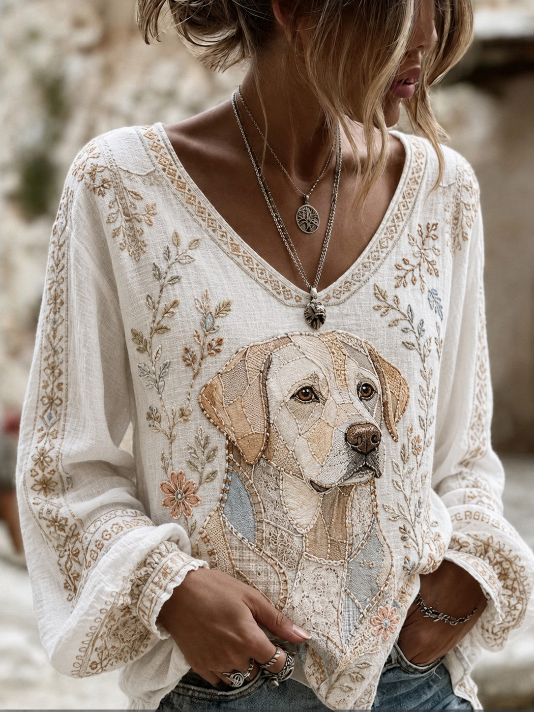 Women's Art Dog Printed Cotton-Linen Shirt