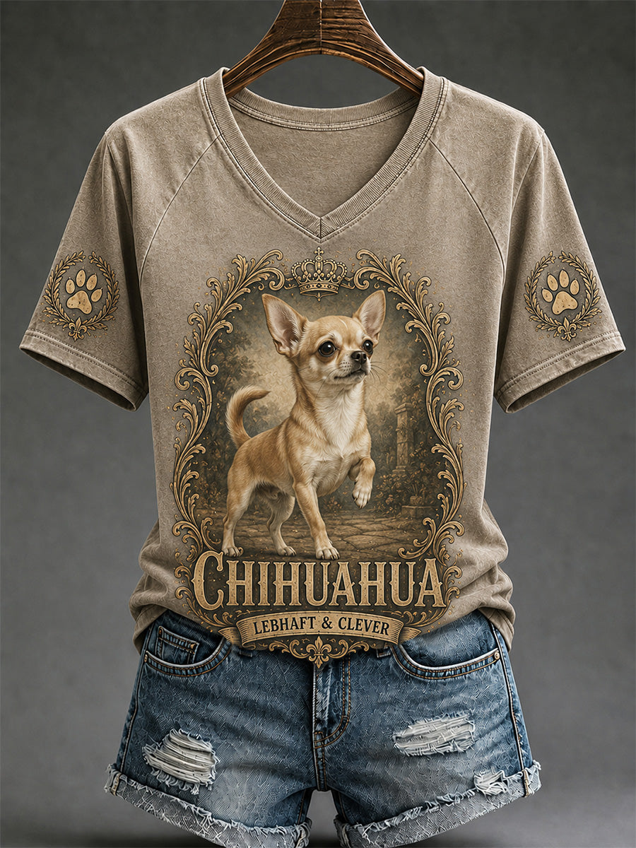 Women's Retro Dog Print Casual V-Neck Tee