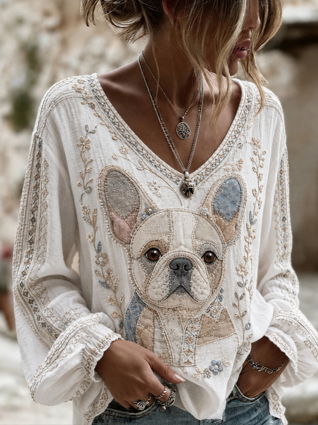 Women's Art Dog Printed Cotton-Linen Shirt