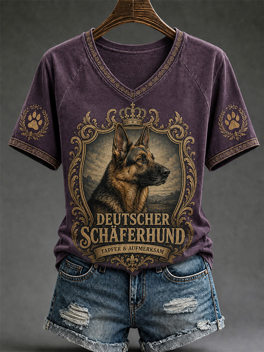 Women's Retro Dog Print Casual V-Neck Tee