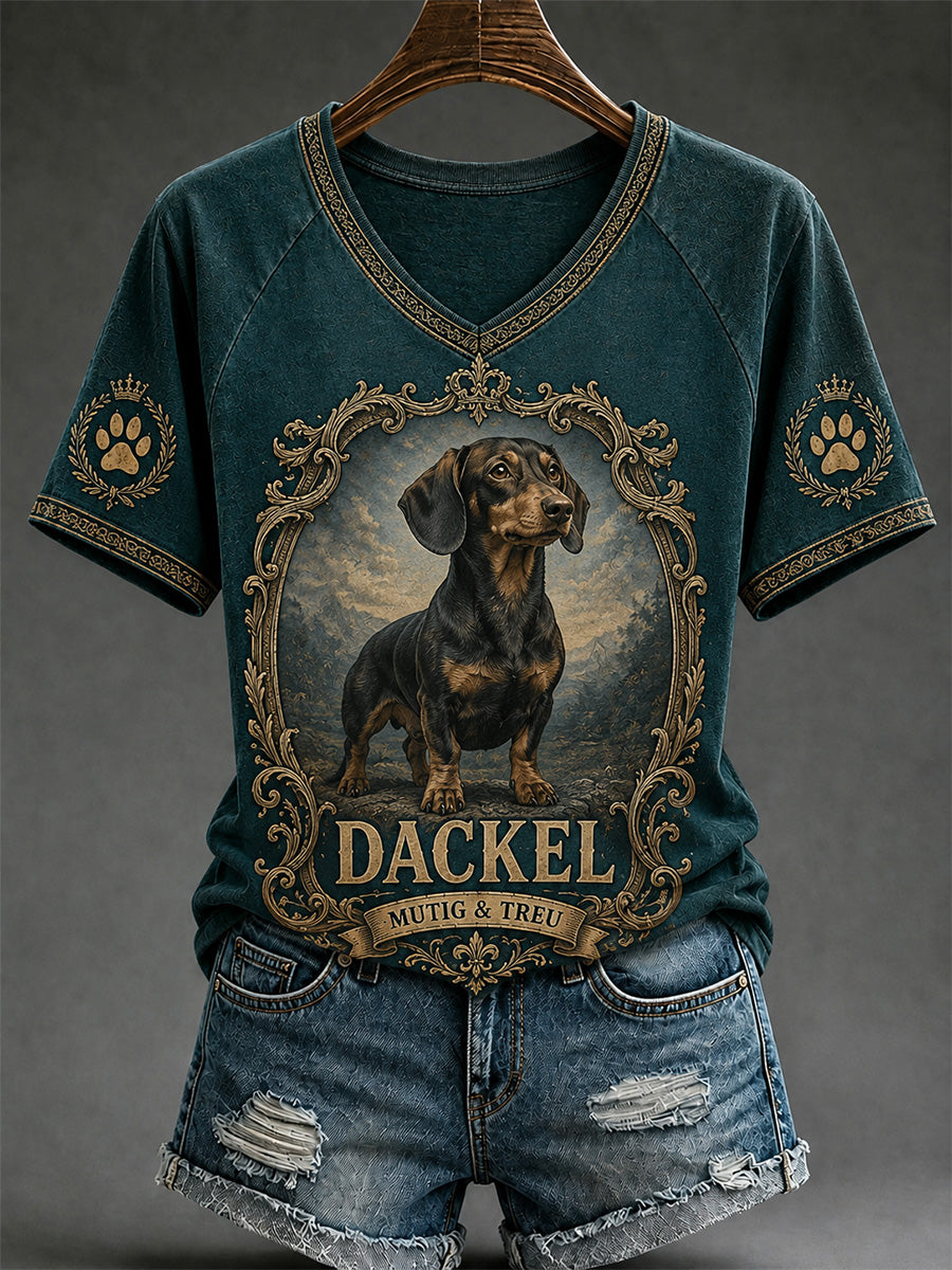 Women's Retro Dog Print Casual V-Neck Tee