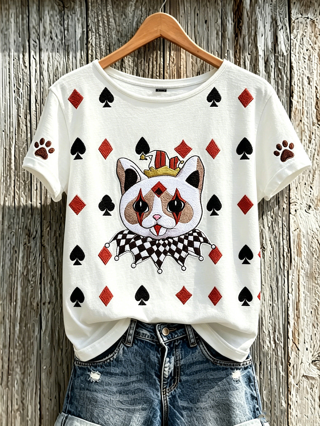 Women's Poker Cat Pattern Casual Washed T-shirt