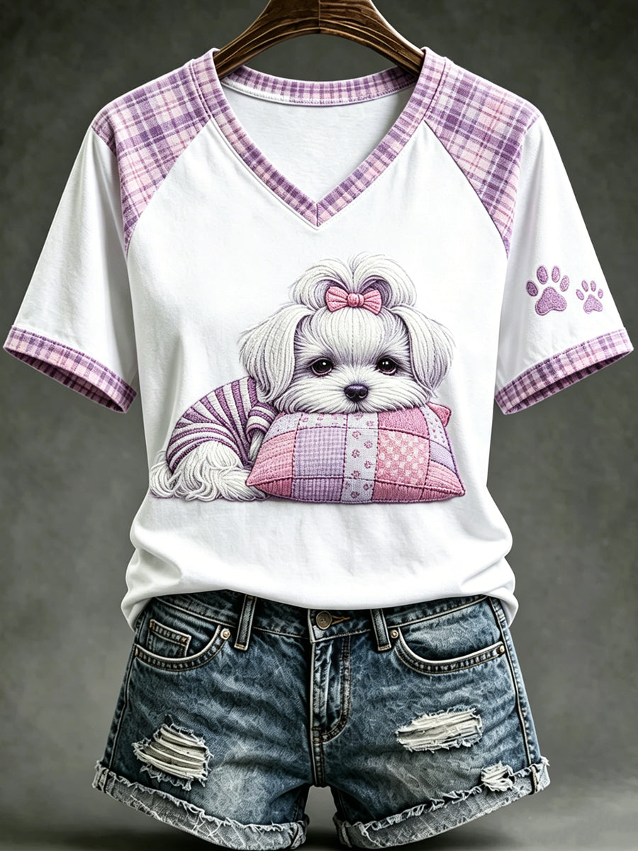 Women's Animal Cute Dogs Printed Vintage Fashion Loose Short Sleeve T-Shirt