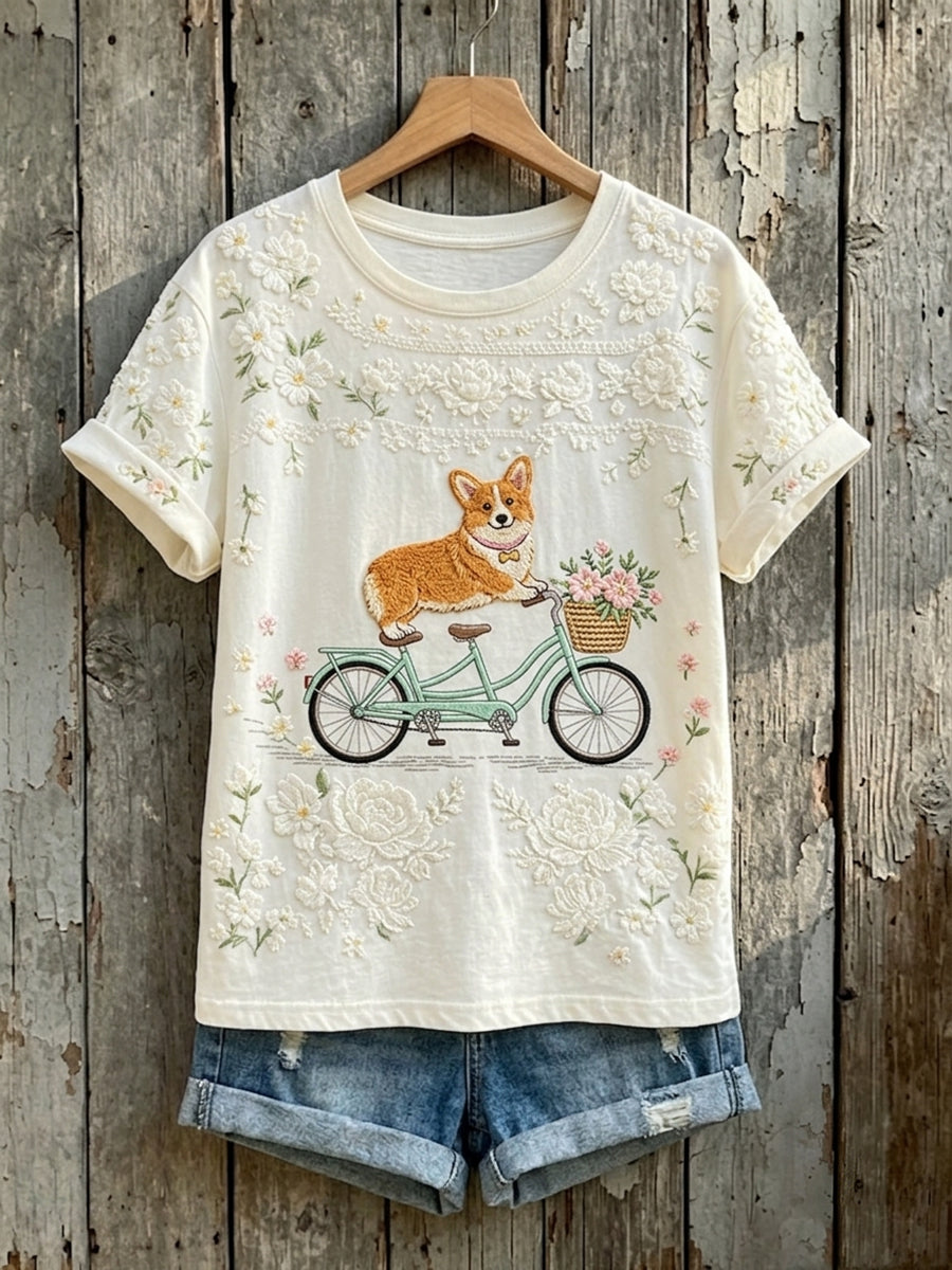 Women's Lovely Floral Corgi Art Print Short-sleeved T-shirt