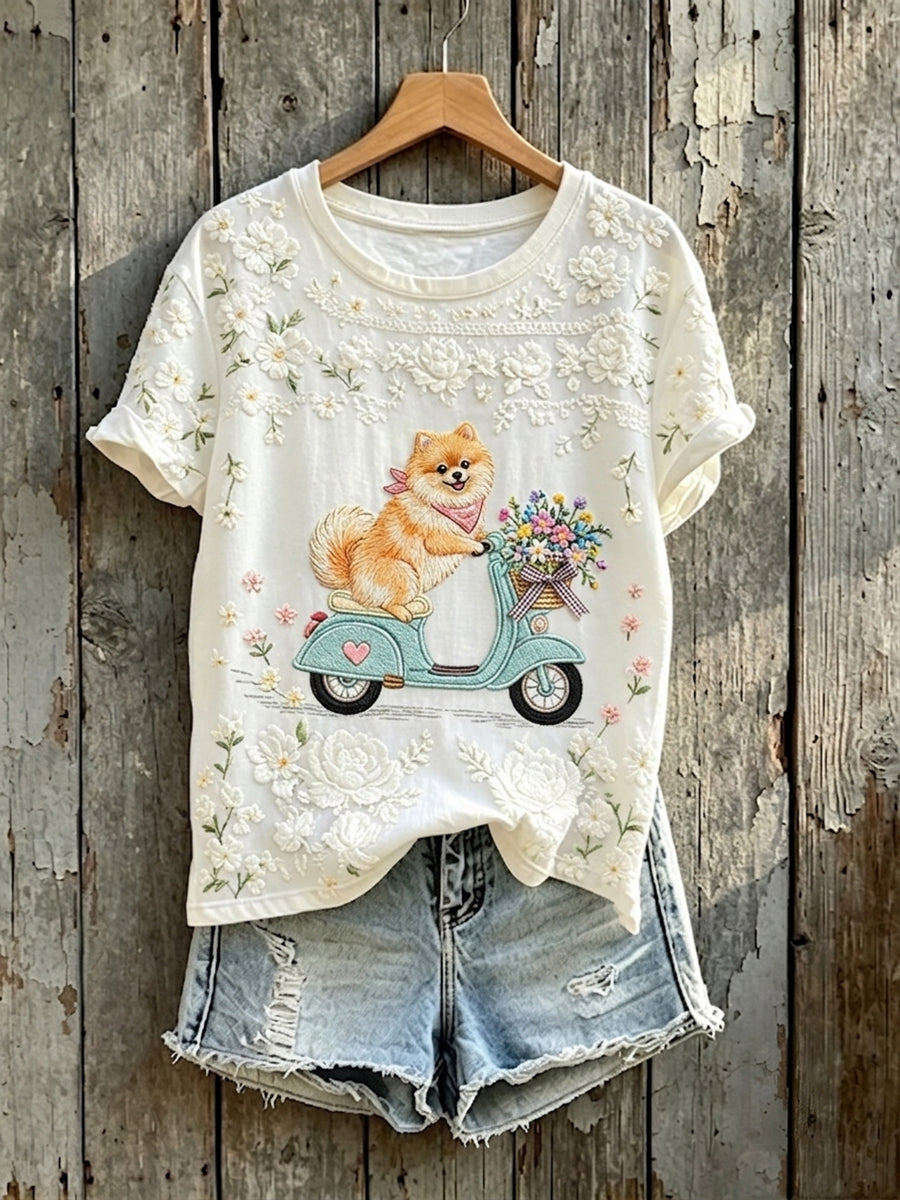 Women's Cute Floral Pomeranian Dog Print Short-sleeved T-shirt