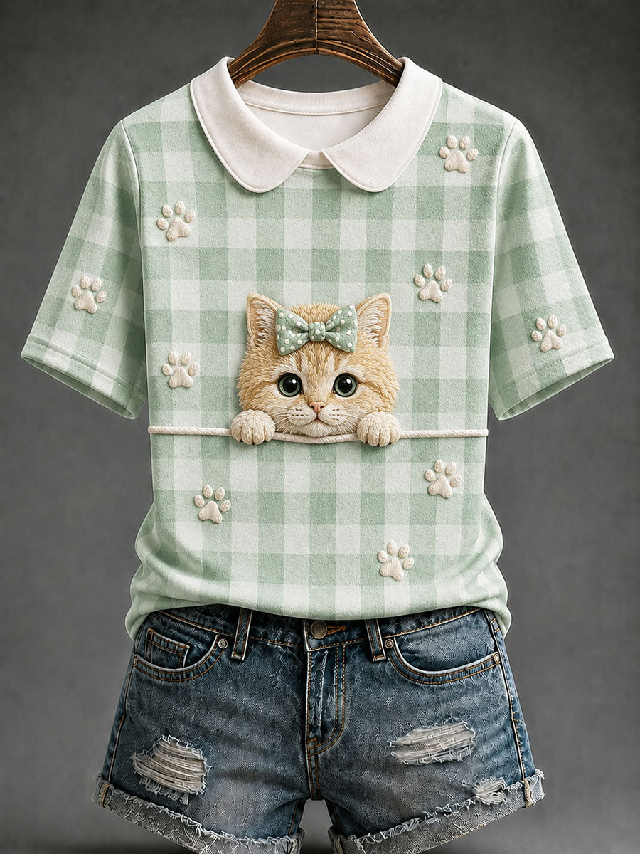 Women's Golden Shaded Cat Plaid Print Casual T-Shirt