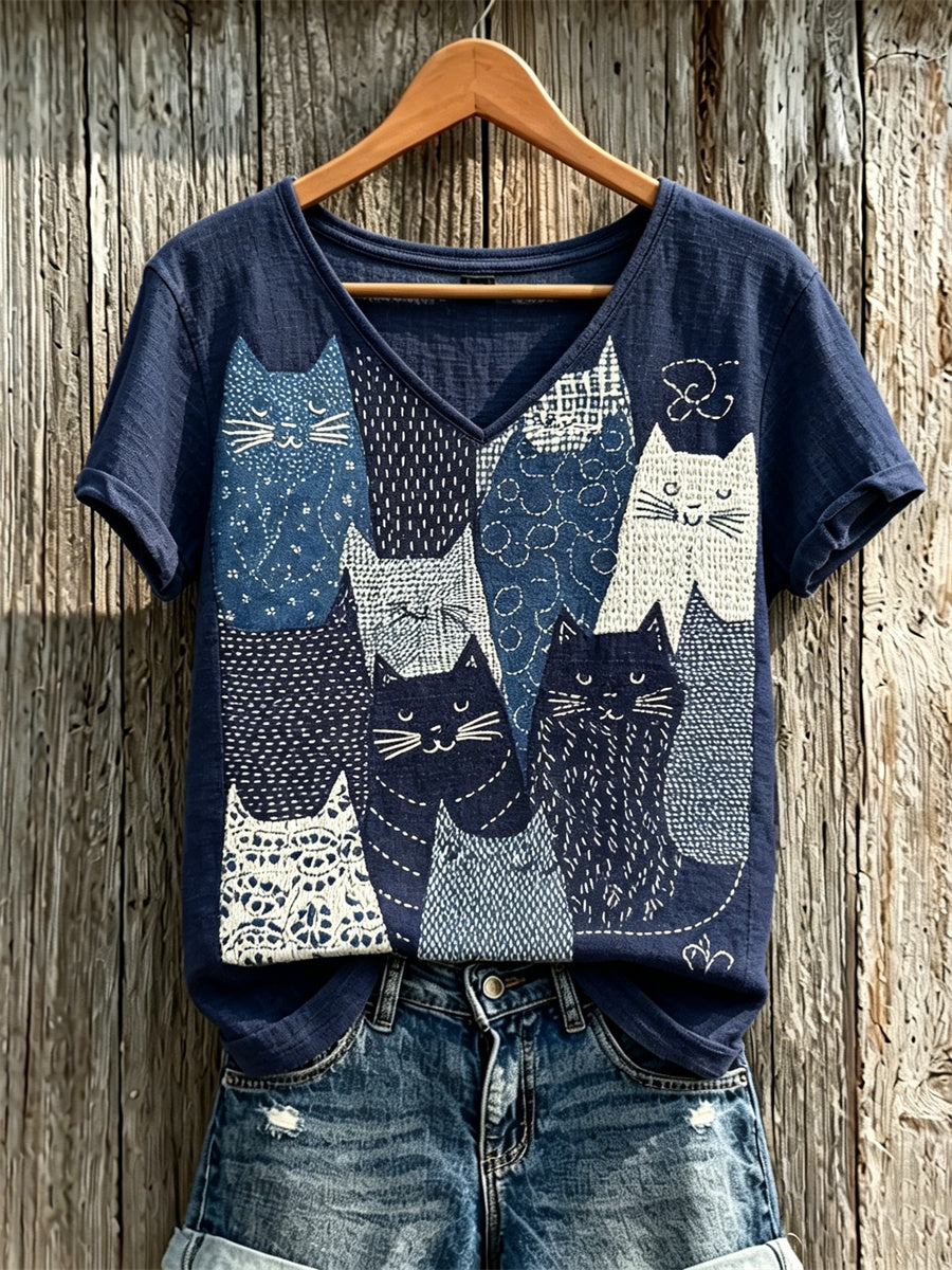 Women's Cats Patchwork Japanese Sashiko Art Print linen short-sleeved T-shirt