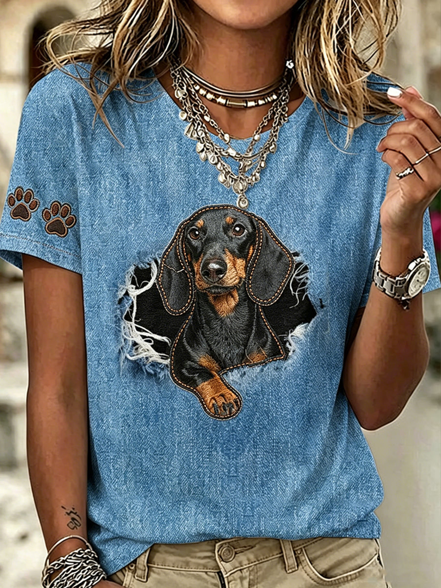 Women's Animal Funny Dogs Printed Vintage Fashion Loose Short Sleeve T-Shirt