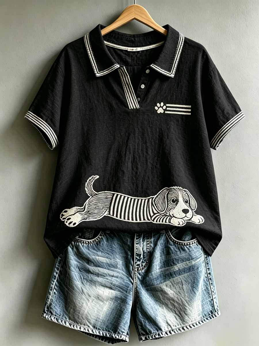 Women's Vintage Cute Dog Pattern Printed Polo Shirt