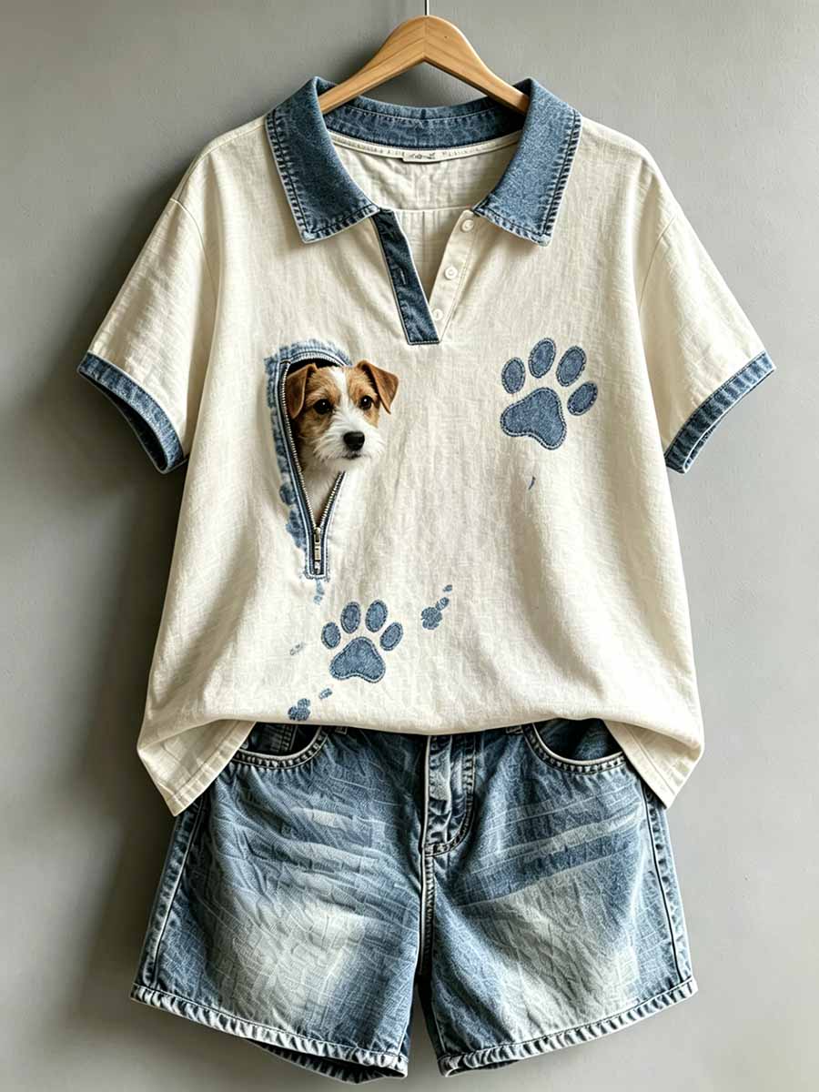 Women's Vintage Cute Dog Pattern Printed Polo Shirt