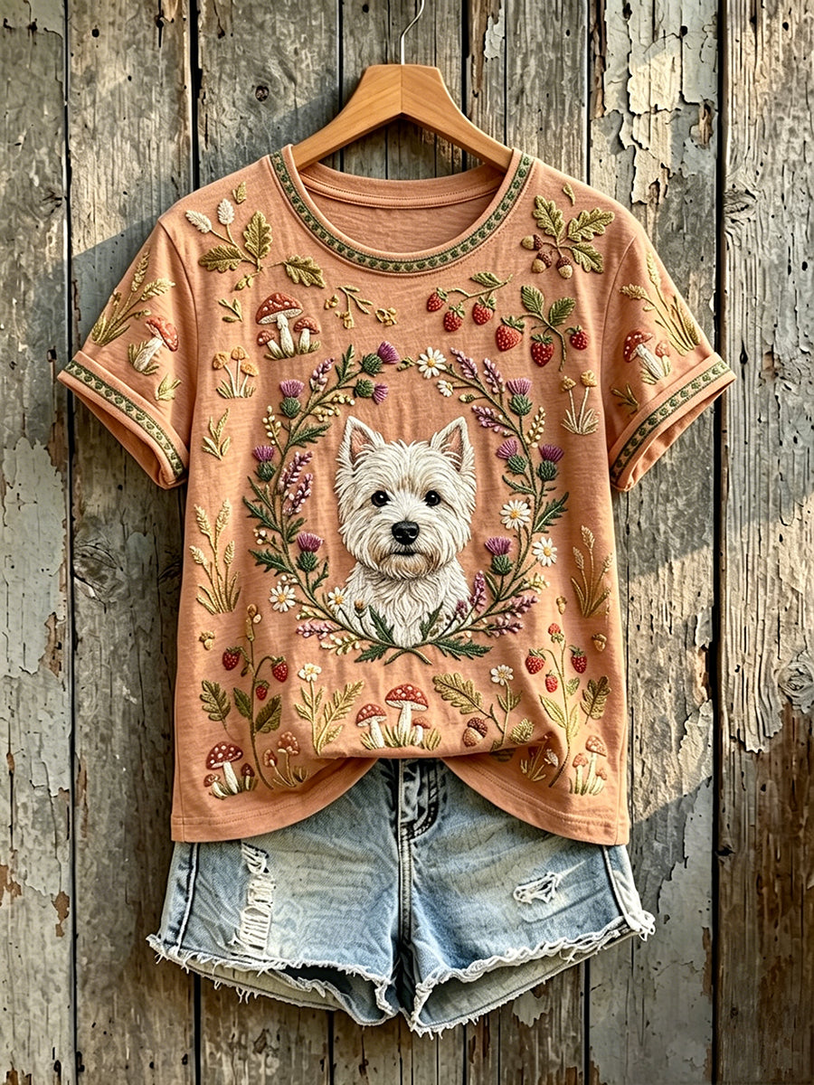 Women's Floral West Highland White Terrier Print Short-sleeved T-shirt