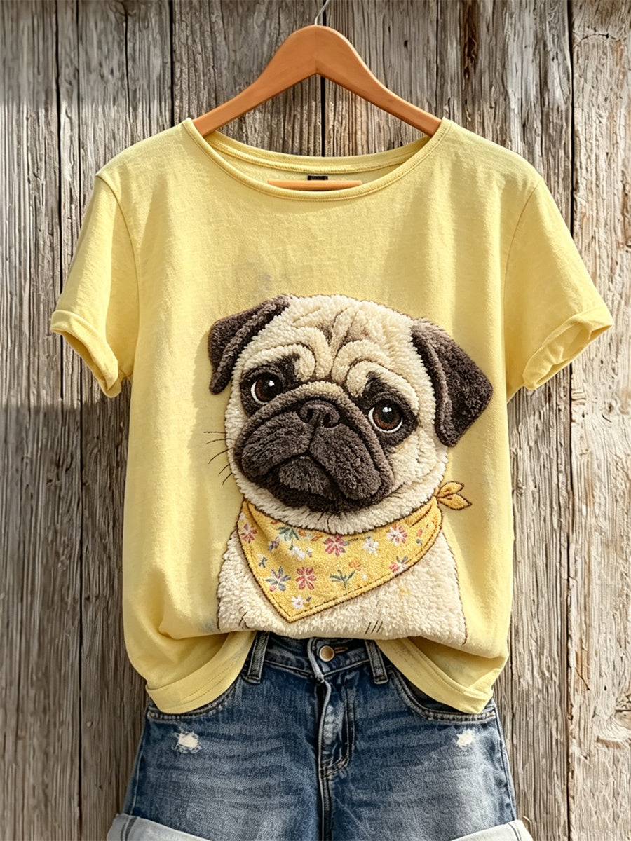 Women's Fuzzy Pug Dog Print short-sleeved T-shirt