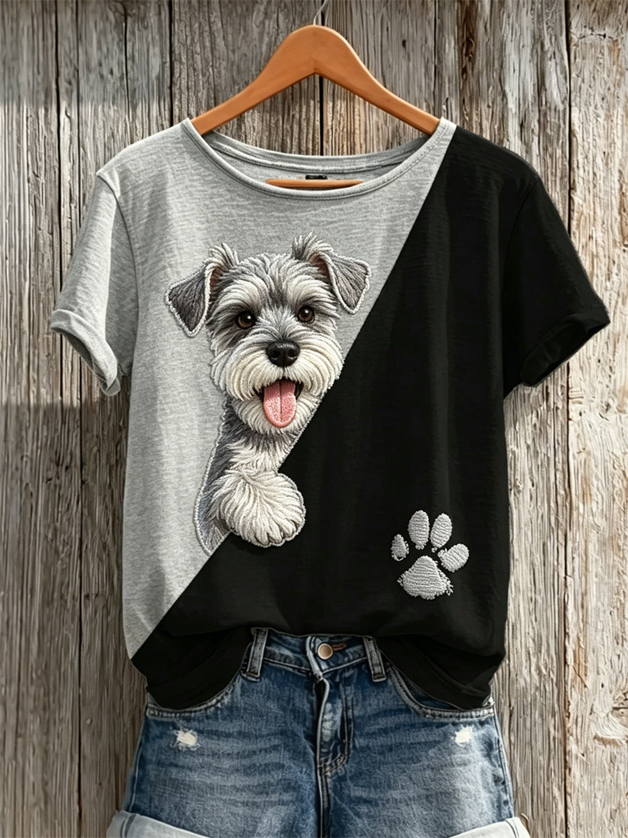 Women's Peeking Schnauzer Dog & Paw Print Contrast Print short-sleeved T-shirt