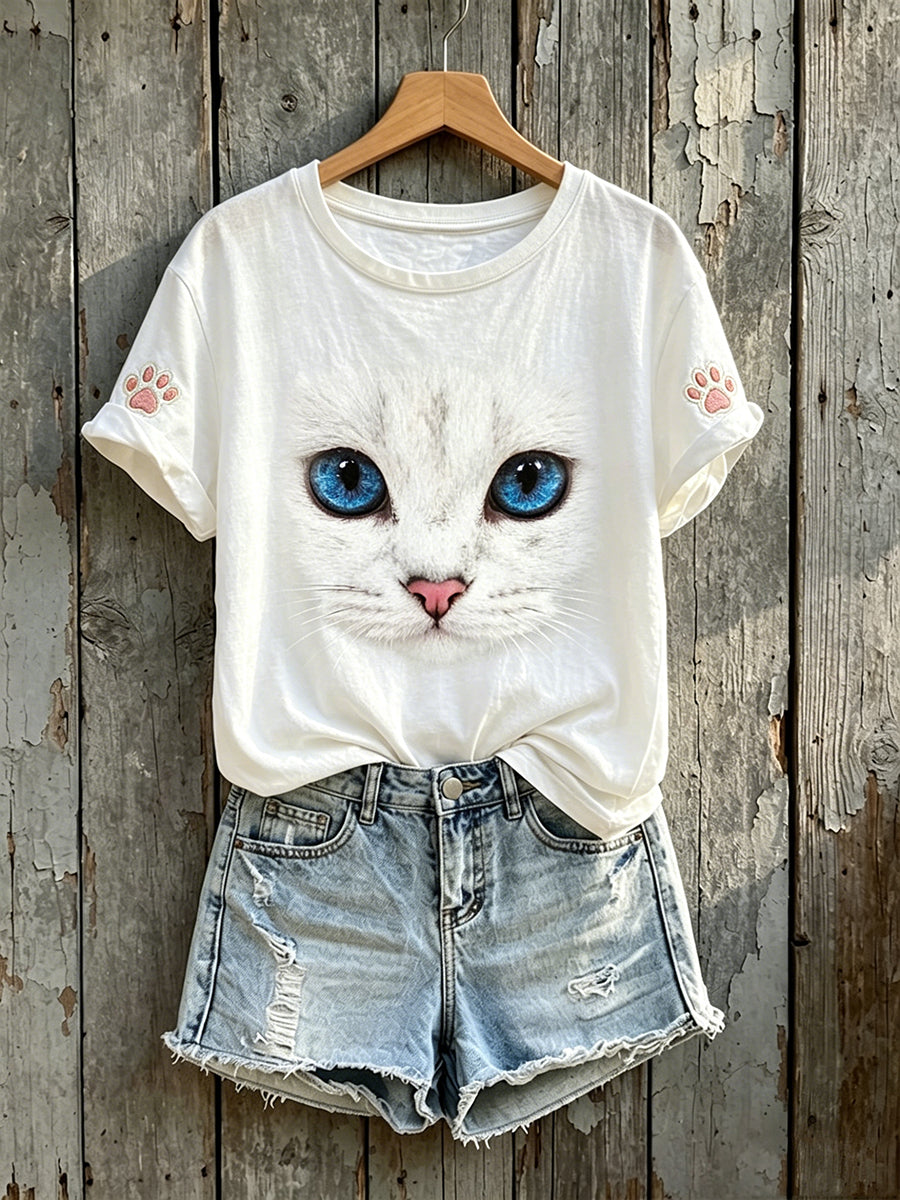 Women's Beauty Cat Face Art Print Round Neck Short-sleeved T-shirt