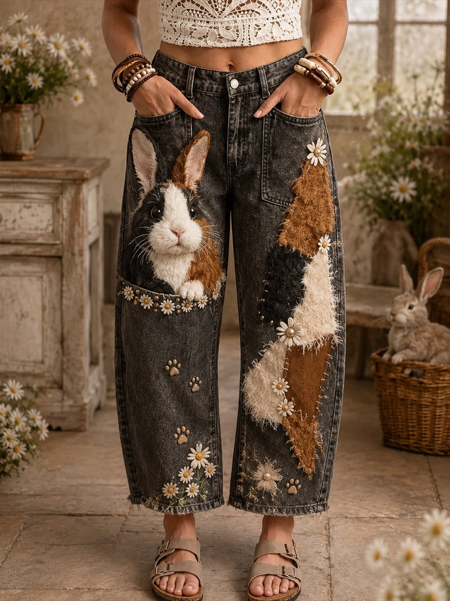 Women's Cute Floral Rabbit Art Print Pocketing Trousers