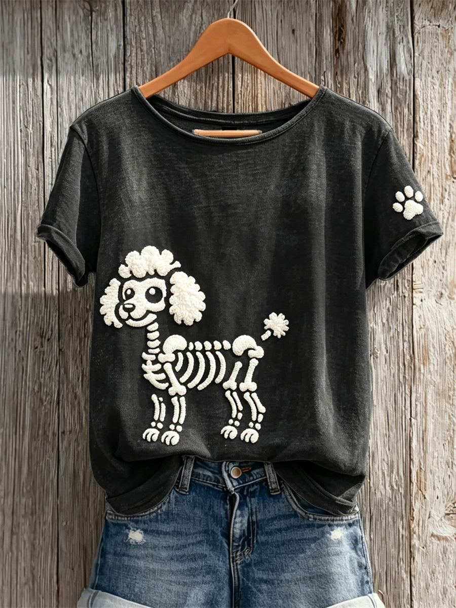 Women's Lovely Skeleton Poodle Dog & Paw Print short-sleeved T-shirt