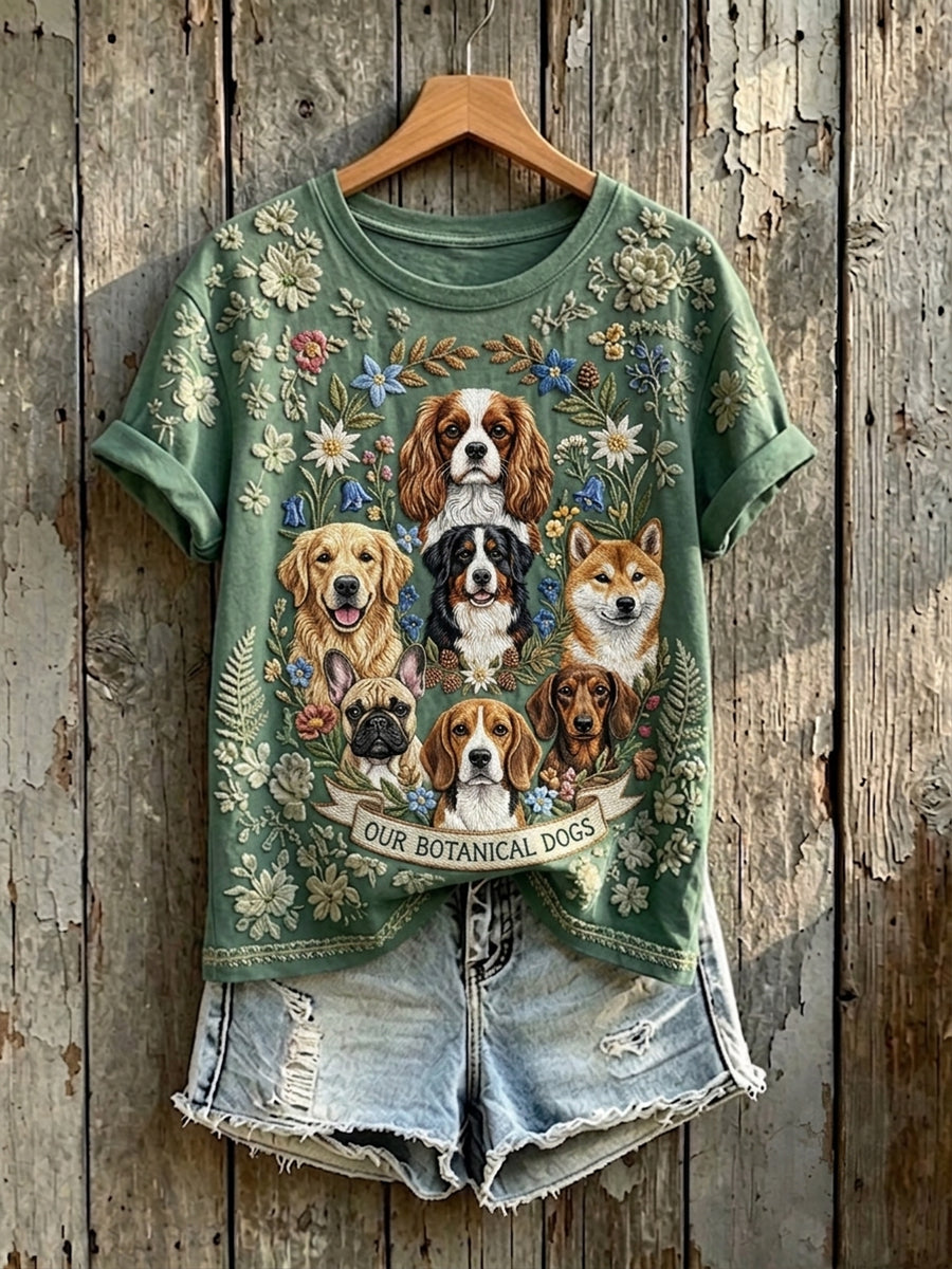 Women's Our Botanical Dogs Floral Art Print Short-sleeved T-shirt