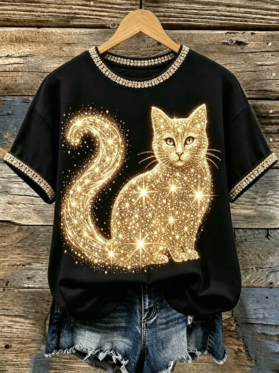 Women's Crystal-embellished cat print design short-sleeved T-shirt