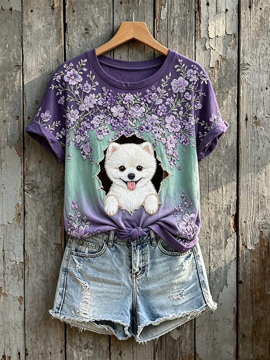 Women's Cute Pomeranian Floral Art Print Short-sleeved T-shirt