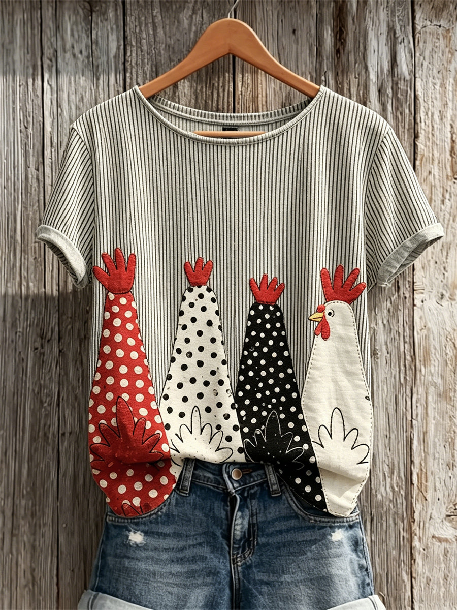 Women's Farm Roosters Polka Dots Art Striped Print short-sleeved T-shirt