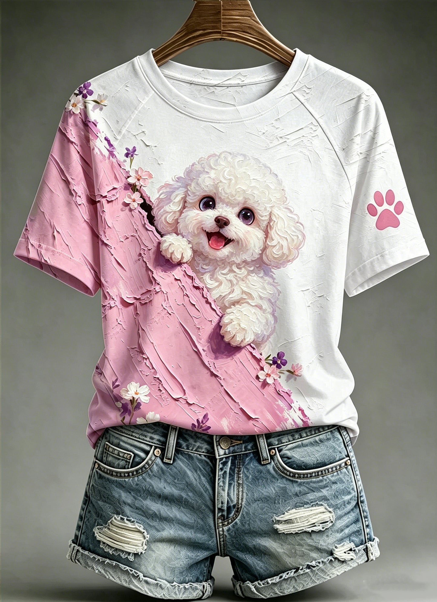 Women's Animal Dog Printed Vintage Fashion Loose Short Sleeve T-Shirt