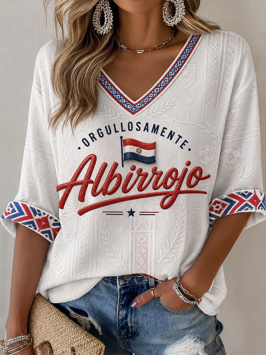 Women's Paraguay Soccer Mid-length Sleeves V-Neck T-Shirt