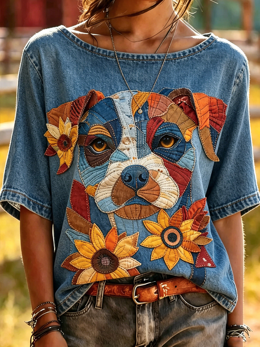 Women's Animals Dog Printed Vintage Fashion Loose Short Sleeve T-Shirt