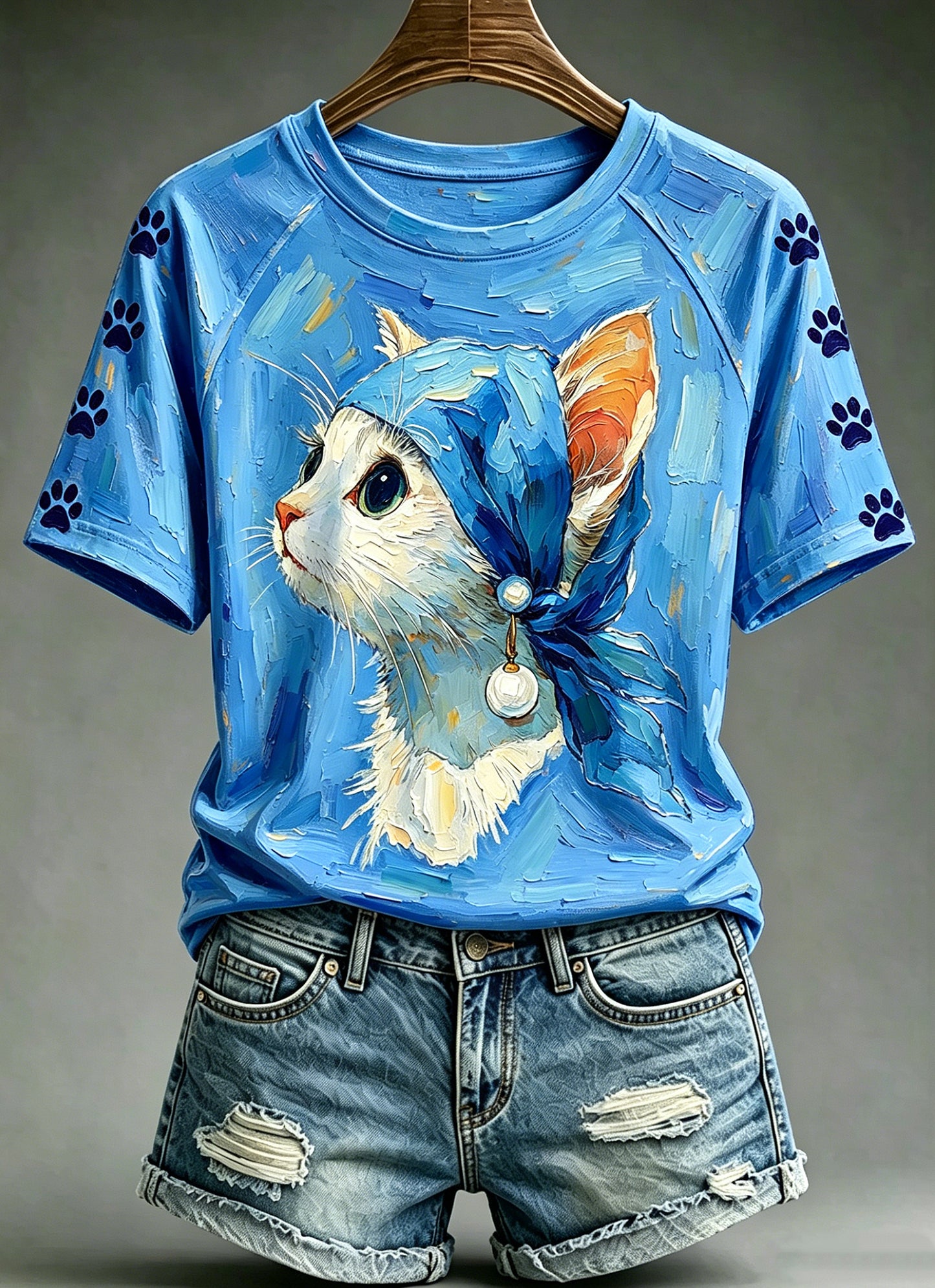 Women's Oil Painting Animals Funny Cat Printed Vintage Fashion Loose Short Sleeve T-Shirt