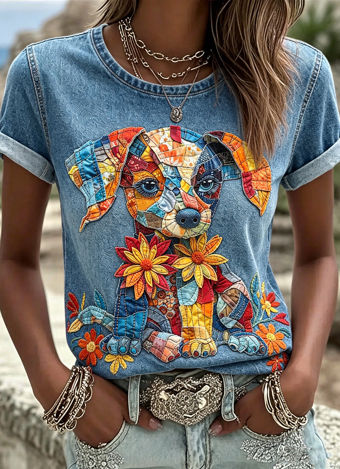 Women's Animal Dog Printed Vintage Fashion Loose Short Sleeve T-Shirt