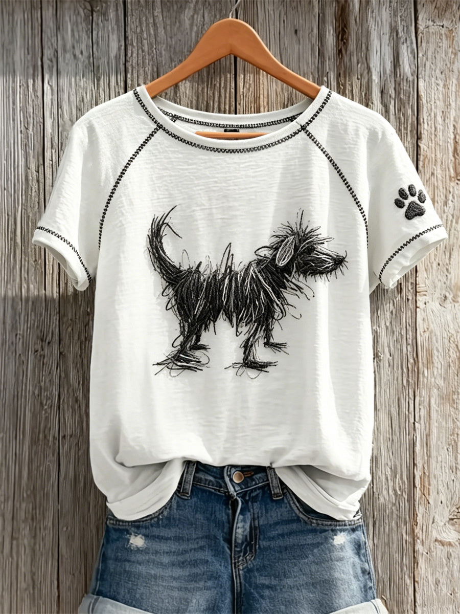 Women's Fuzzy Dog Abstract Art & Paw Print short-sleeved T-shirt