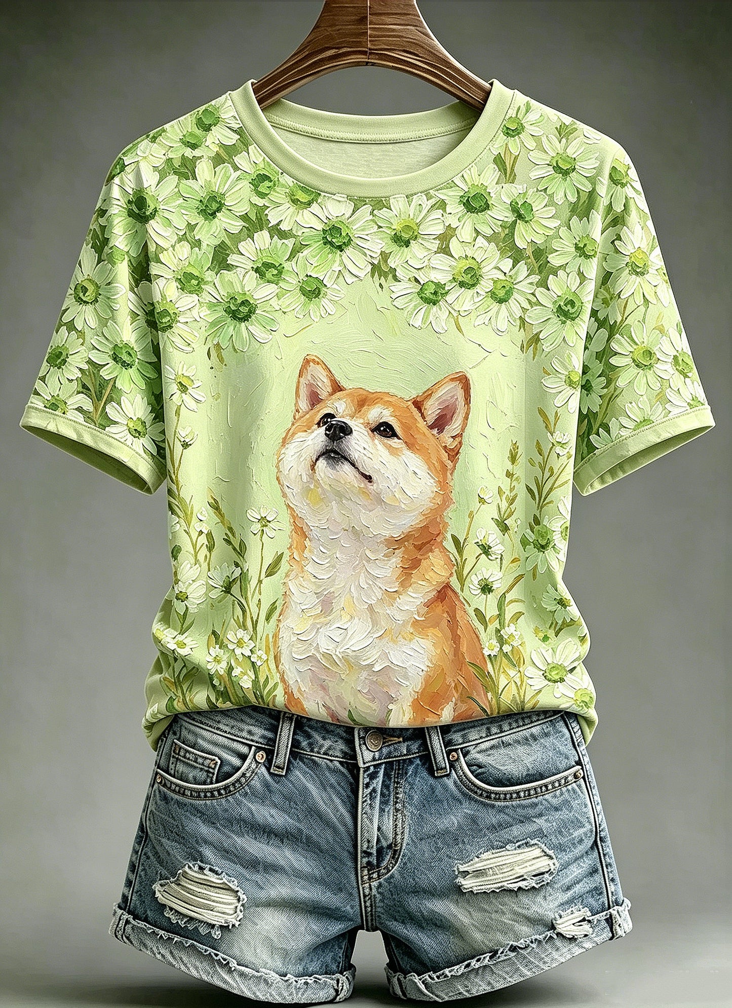 Women's Oil Painting Animal Dog Printed Vintage Fashion Loose Short Sleeve T-Shirt
