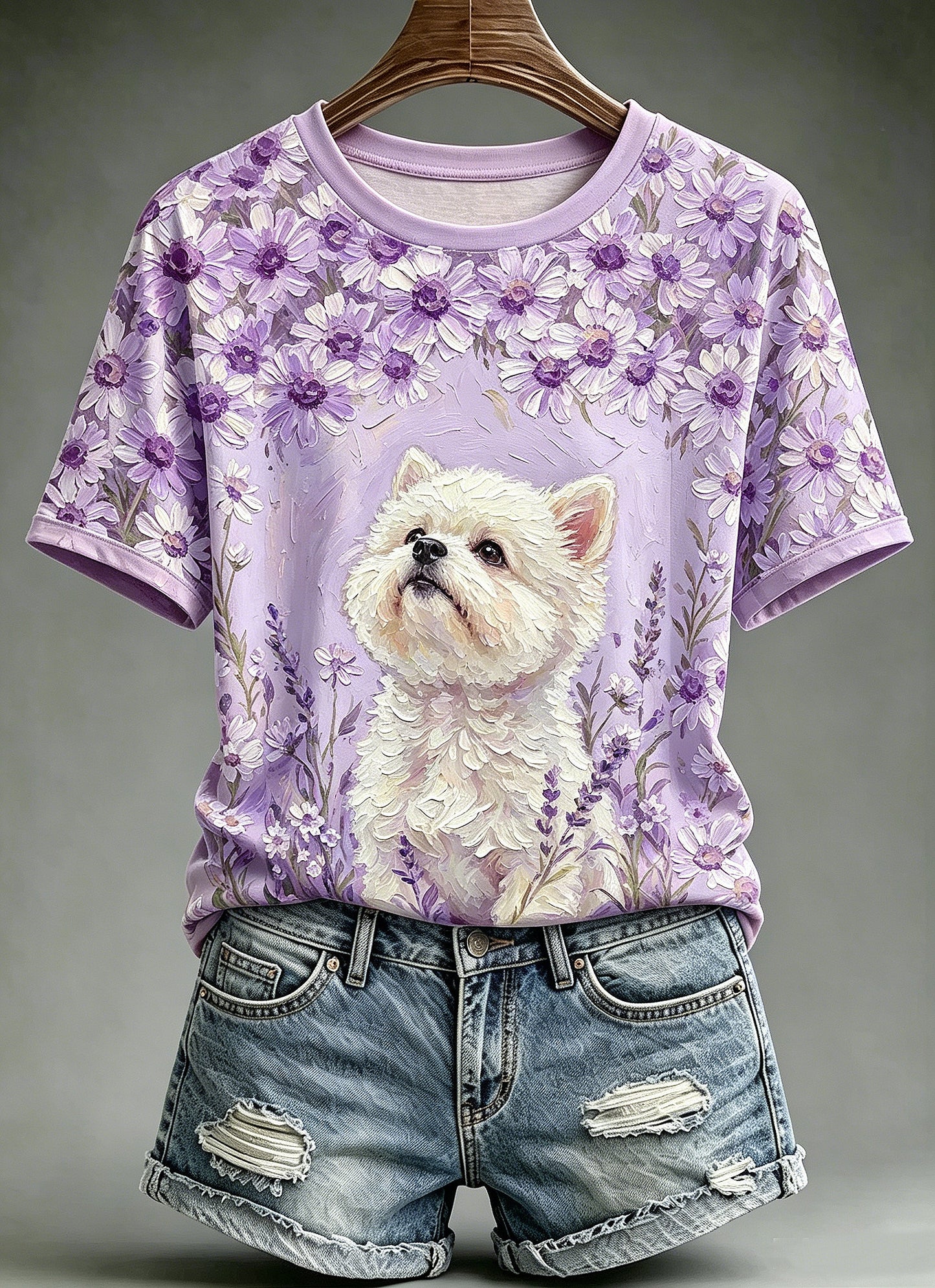 Women's Oil Painting Animal Dog Printed Vintage Fashion Loose Short Sleeve T-Shirt