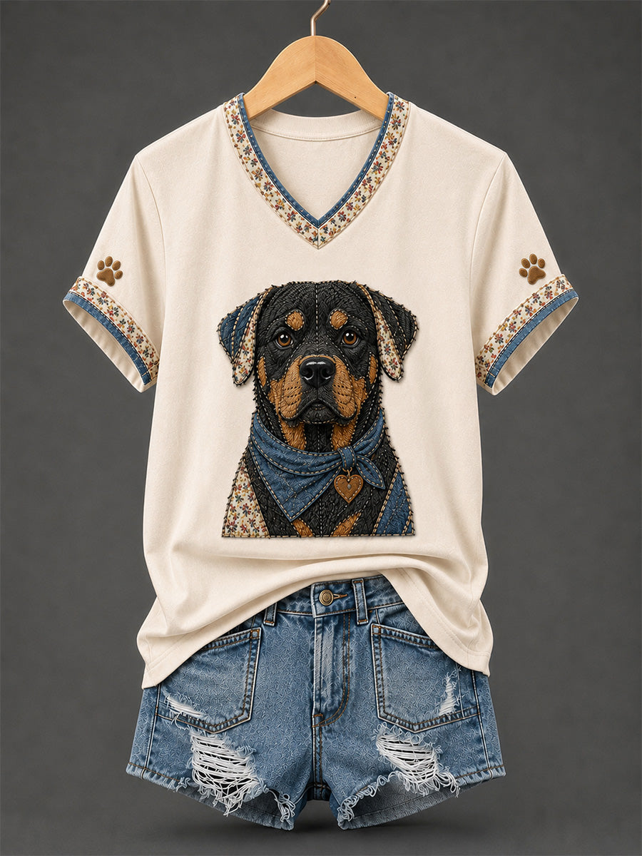 Women's Retro Patchwork Dog Print V-Neck Tee