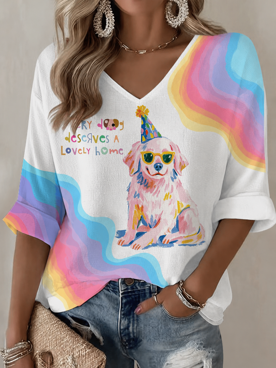 Women's Rainbow Dog Waffle T-shirt