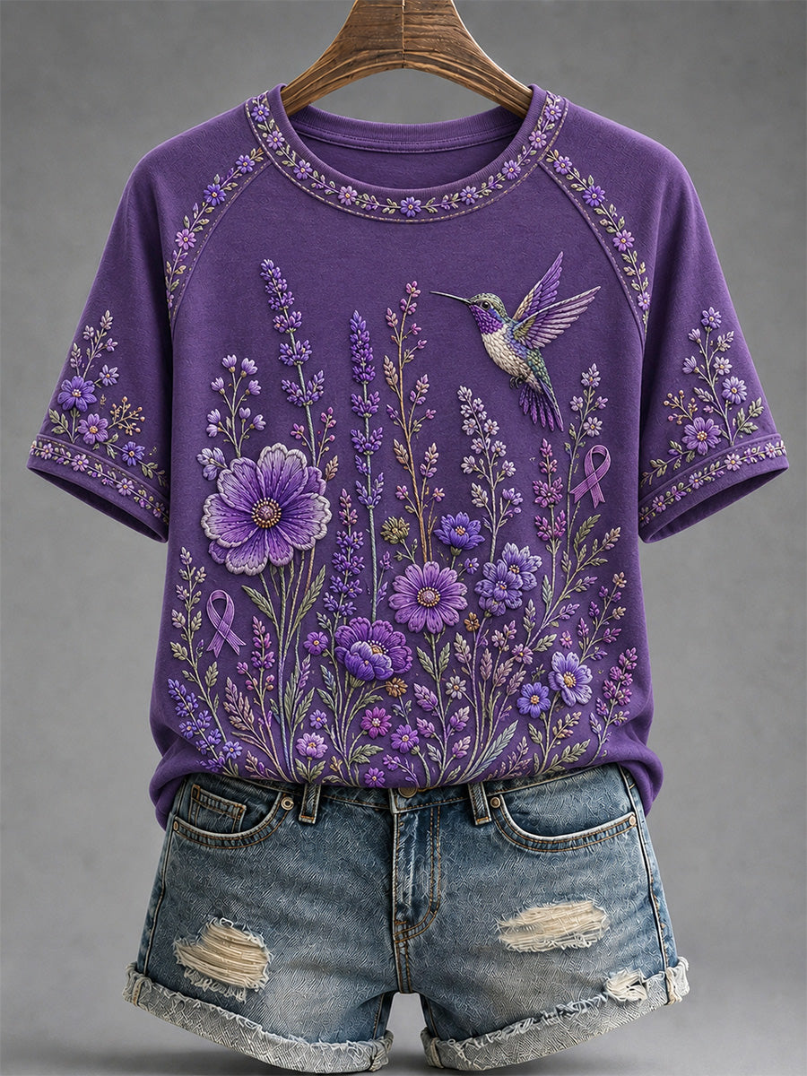 Women's Purple Floral & Hummingbird Print Alzheimer's Awareness Support Tee