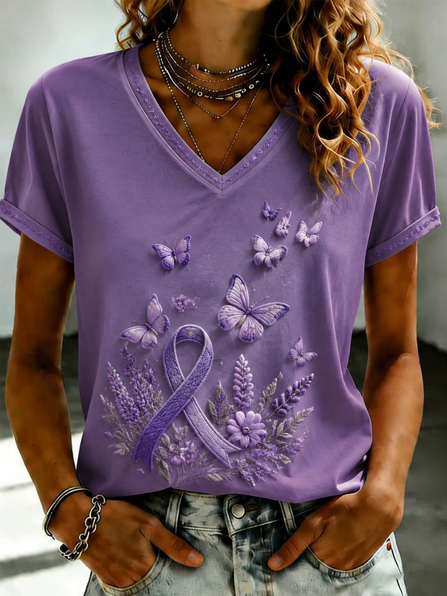 Women's Purple Flora Art Printed V-neck T-shirt