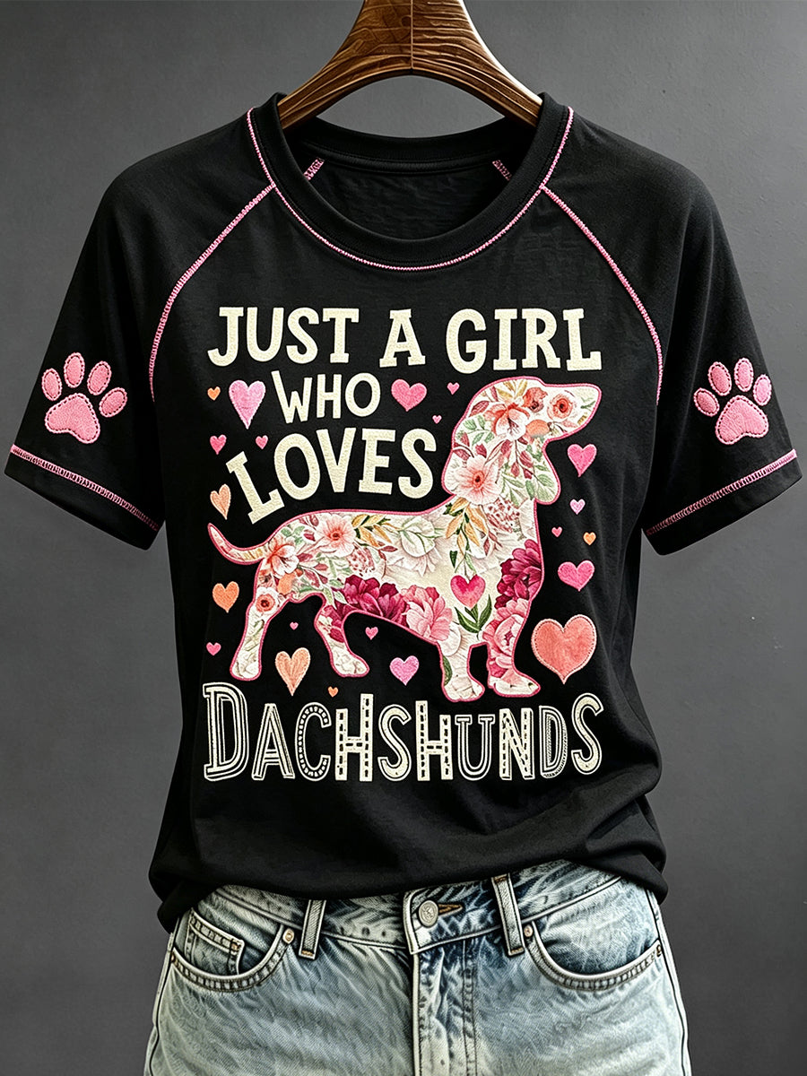 Women's Just A Girl Who Loves Dachshunds Floral Dog Art Print Short Sleeve T-shirt