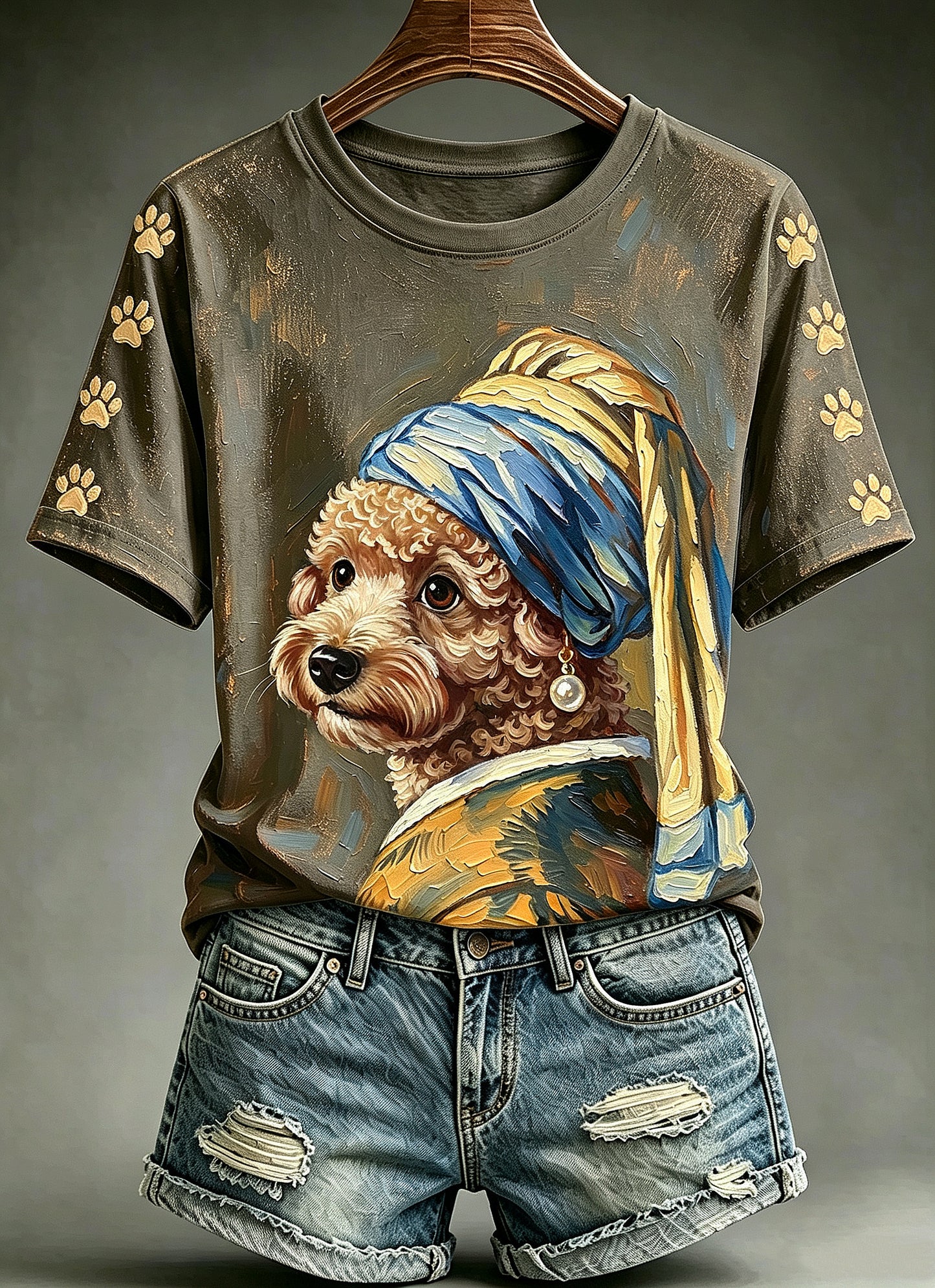 Women's Funny Oil Painting Animals Dog Printed Vintage Fashion Loose Short Sleeve T-Shirt